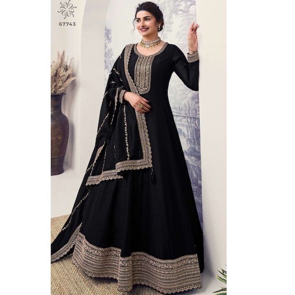 Lovely Black Color Long Anarkali Gown Suits Embroidery Work Ethnic Party Wear Designer Outfits Round Full Flared Anarkali Gown Dupatta Dress