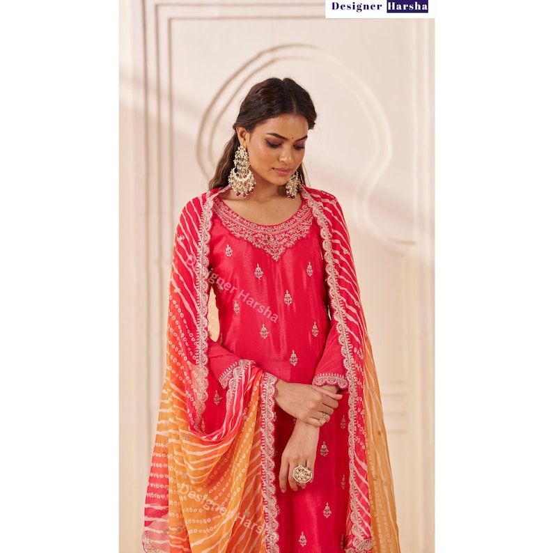 Eid spezielles pakistanisches Kleid, gestickter Chinon Salwar Kameez Plazzo-Anzug, indische Abendkleidung Outfit Bild 2