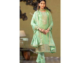 Green Viscose Dola Jacquard Salwar Kameez with Embroidery work for women Colthing