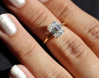 Emerald Cut Moissanite Hidden Halo Ring, 1.30 CT, 14k Solid Yellow Gold Engagement Ring