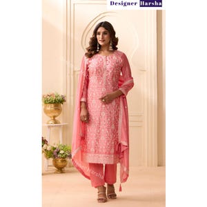 Plus Size Women&#39;s wear Simple Outfit, Salwar Kameez Pakistani Clothing, Readymade us free Party wear Indian Embroidered Chinon Trouser Suits