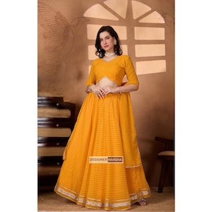 Yellow Lengha Choli, Laheriya Print Choli Set, Indian Wedding Guest Lehenga