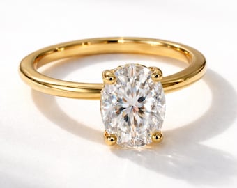 Oval Diamond Engagement Ring, Hidden Halo Ring, Moissanite Solitaire Ring, Yellow Gold Wedding Rings, 1.5 Carat Diamond Ring