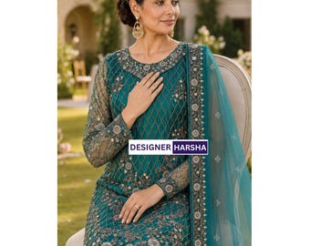 Ramadan Eid Party wear Embroidered Salwar Kameez with Dupatta, Pakistani Trouser Pant Suit for Women
