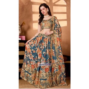 Lengha Choli floral azul con dupatta, lehenga de boda india, choli tradicional