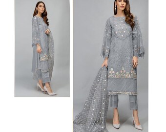 Grey Color Designer Trouser Pant Suit Heavy Embroidery Work Pakistani Indian Wedding Party Wear Straight Salwar Kameez Palazzo Dupatta Dress