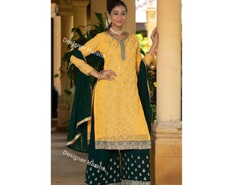 Yellow Salwar Kameez Plazzo Suit, Designer Wedding Outfit, Punjabi Mehendi-Haldi Functions wear Dress