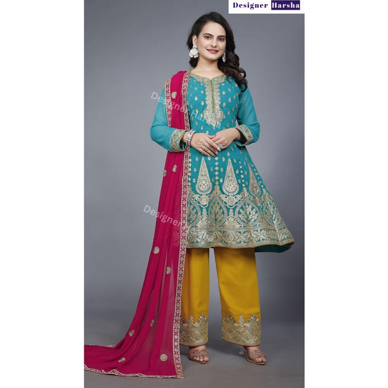 Haldi-Sangeet Funktionskläder, Pakistanska kläder för kvinnor, Färdiga Salwar Kameez med Dupatta bild 1