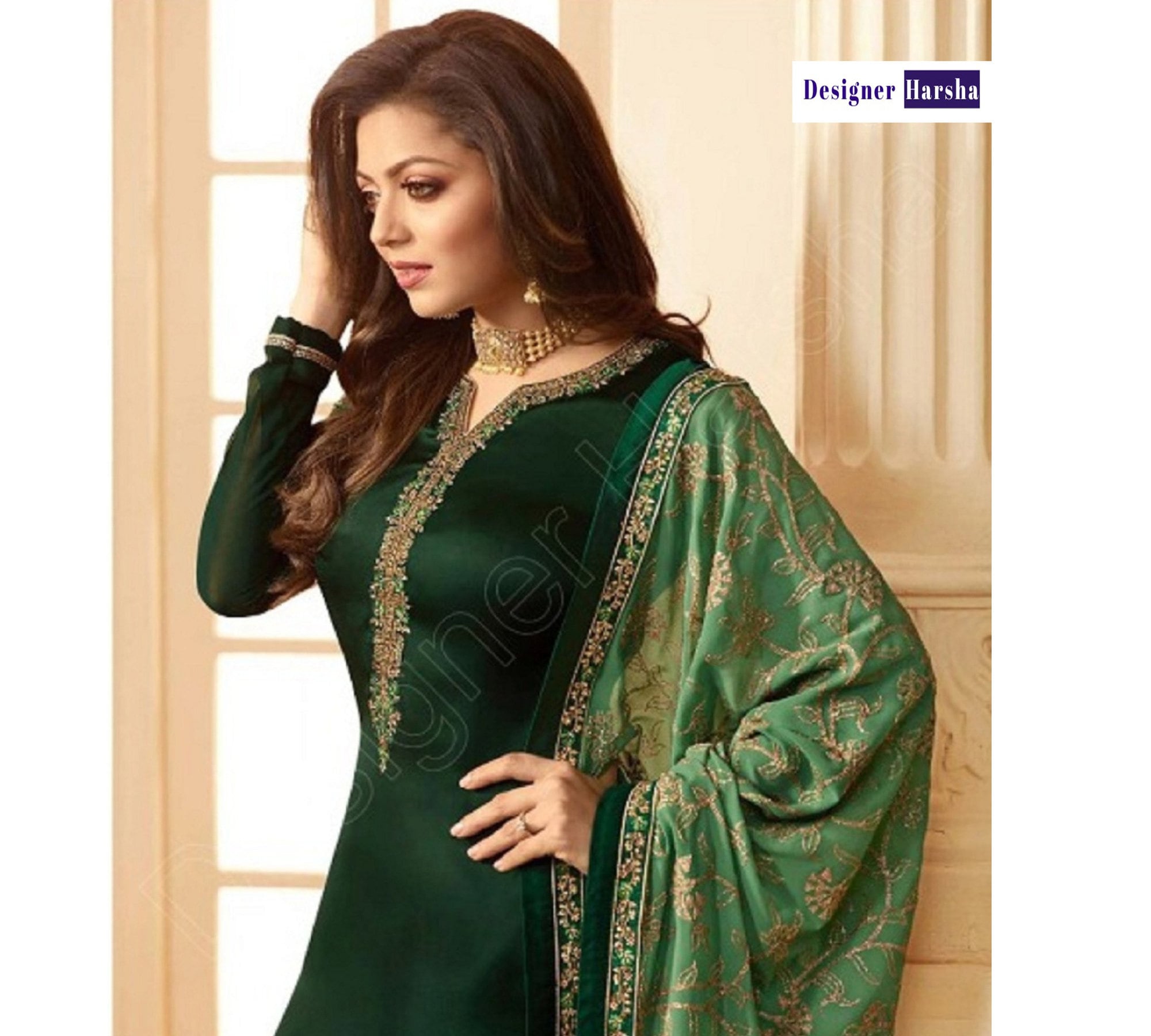 Women's Designer Georgette Semi-Stitched Green Salwar Suit