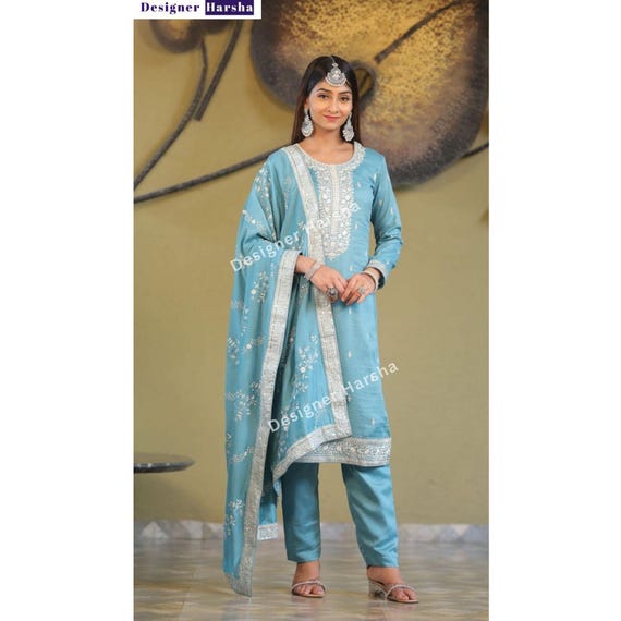Sky Blue Silk Salwar Kameez Suit, Heavy Embroidery Work, Pakistani Indian Outfit