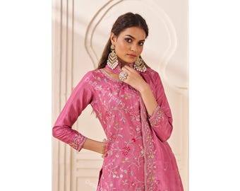 Pakistani Eid Party wear Outfits, Embroidered Chinon Palazzo Kameez Suit, Wedding Guest Dresses, Ready to wear Sharara Suit for Women