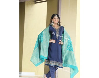 Pakistani Indian wear Embroidered Satin Georgette Salwar Kameez with Banarasi Jacquard Dupatta Dress