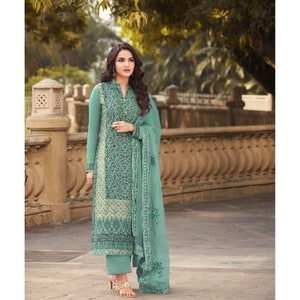 Indian Pakistani Wedding Ethnic Party Wear Designer Shalwar Kameez Dupatta Dress Embroidery Work Handmade Straight Trouser Pant-Plazzo Suits Choice-3