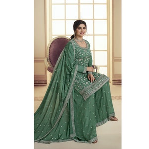 Beautiful Handmade Heavy Embroidery Work Pakistani Indian Wedding Reception Party Wear Designer Shalwar Kameez Palazzo Suit for Women's Wear image 1