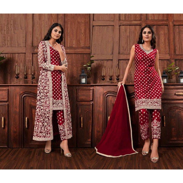 Pakistani Indian Reception Party Wear Shalwar Kameez Pant Suits Embroidery Stone Work Beautiful Salwar Kameez Dupatta Dress for Women's Wear