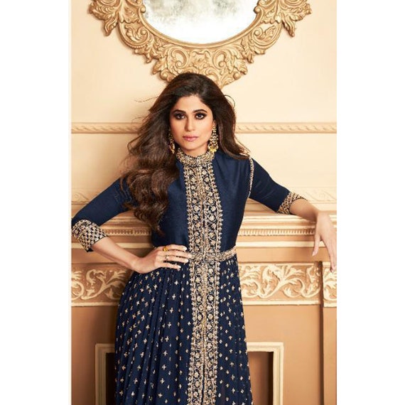 Dark Navy Blue Faux Georgette Embroidered Festive-Wear Readymade Gown With  Dupatta