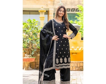Readymade Black Color Dress, Embroidered Silk Salwar Kameez Suit, Pakistani Eid Outfit for Women