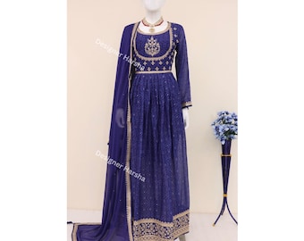 Wedding Wear Salwar Kameez Dress, Embroidered Silk Chiffon Anarkali Gown