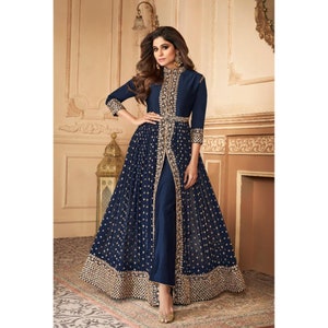 Lavish Navy Blue Designer Slit Anarkali Gown Dupatta Suit Pakistani Indian Wedding Party Wear Embroidery Stone Worked Anarkali Dupatta Dress