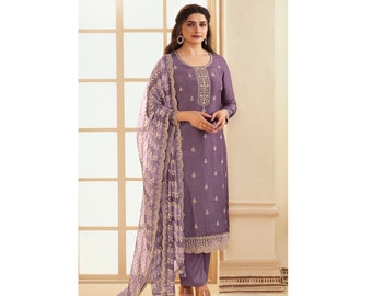 Light Purple Color Pakistani Indian Ethnic Party Wear Straight Trouser Palazzo-Pant Suits Heavy Embroidery Work Shalwar Kameez Dupatta Dress