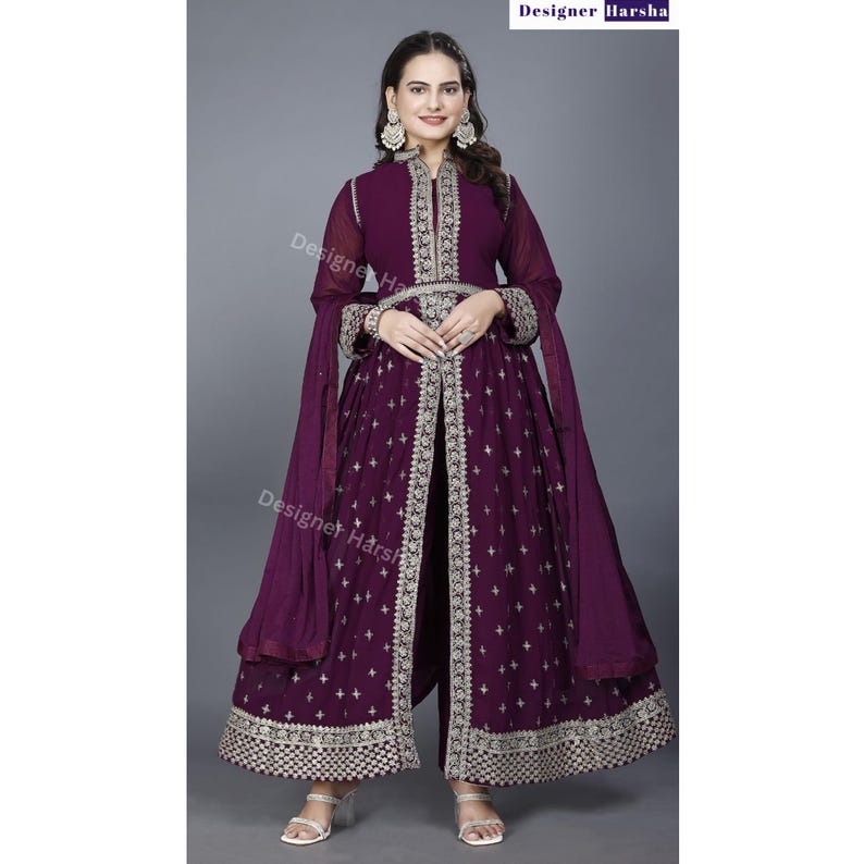 Eid Party wear Dress, Slit Anarkali Gown Suit, Georgette Stitched Gown, Wedding Reception Dresses Choice - 3