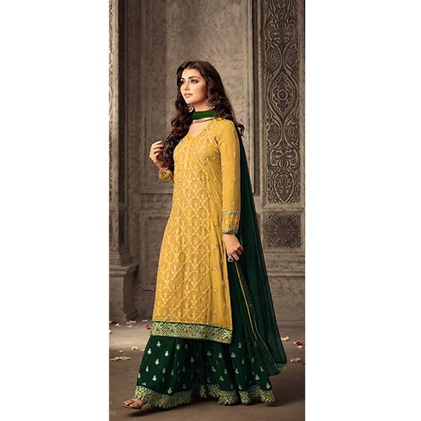 Indian Woman Wear Salwar Kameez Palazzo Suits Designer Pakistani Wedding Wear Georgette Embroidery Worked Heavy Shalwar Plazzo Dupatta Dress