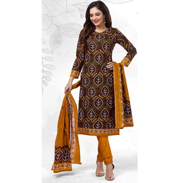 Plus Size Women's Wear Cotton Handmade Shalwar Kameez Dress Bandhani Printed Work Pakistani Indian Regular Wear Churidar Salwar Kameez Suit