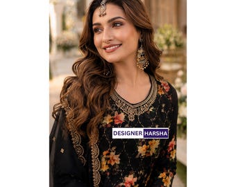 Eid Special Pakistani Dress, Embroidered Salwar Kameez Palazzo Suit, Floral Indian Outfit for Ladies