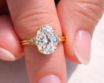 10K Yellow Gold 1.5 Carat Oval Cut Moissanite Thick Band Solitaire Engagement Ring