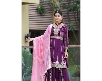 Salwar Kameez mit Dupatta, Lila Lehenga Kameez Anzug, Stickerei Pakistani Nikah wear Outfit