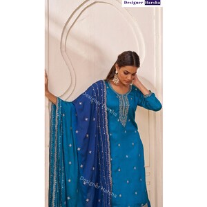 Embroidered Silk Georgette Salwar Kameez 3 piece Set, Purple Palazzo Kameez Suit image 7