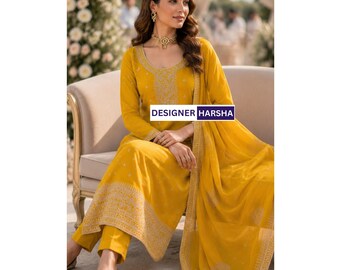 Broderad Georgette gul Shalwar Kameez byxkostym, indisk Punjabi Haldi-kläder designerklädsel
