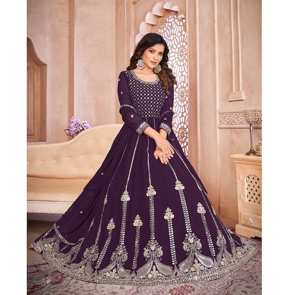 Bruiloft receptie slijtage ontwerper lange Anarkali jurk past Indiase Pakistaanse slijtage zwaar borduurwerk Anarkali Dupatta jurk voor dameskleding