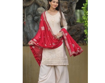 Pakistani Eid wear Salwar Kameez Palazzo Suit, Bridal Georgette Dupatta, Embroidery & Stone Work