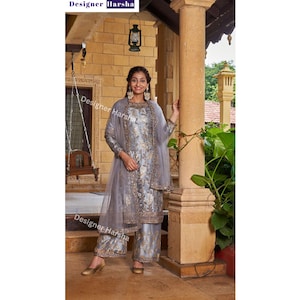 Pakistanische Hochzeit Gast Outfit, grau Farbe Shalwar Kameez Palazzo Anzug, indische ethnische Kleidung Online, schöne Shalwar Kameez Dupatta Kleid