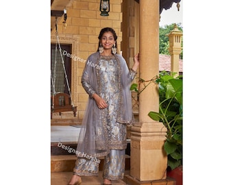 Pakistanische Hochzeit Gast Outfit, grau Farbe Shalwar Kameez Palazzo Anzug, indische ethnische Kleidung Online, schöne Shalwar Kameez Dupatta Kleid