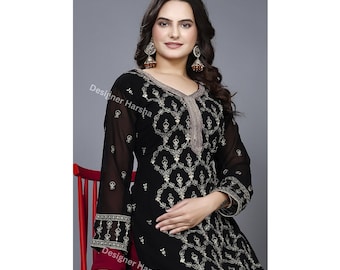Black Georgette Salwar Kameez Palazzo Suit with Stone Embroidery Dupatta Dress for Women