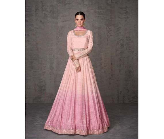 Pastel pink and green floral maxi dress with embroidered dupatta - Set Of  Two by The Anarkali Shop