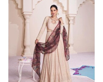 Indian Women's Wear Designer Long Anarkali Dupatta Dresses Heavy Embroidery Handmade Worked Wedding Reception Party Wear Anarkali Gown Suits