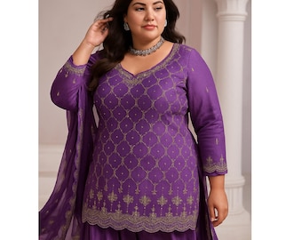 Plus-Free Size Embroidered Shalwar Kameez Chinon Palazzo with Dupatta Suits for USA Women's wear