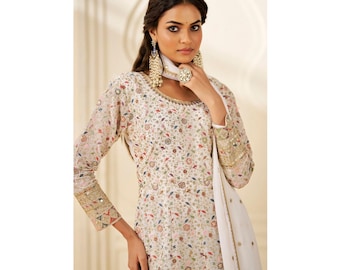 Embroidered Georgette Anarkali Gown with Dupatta, Indian Engagement Guest Long Dresses