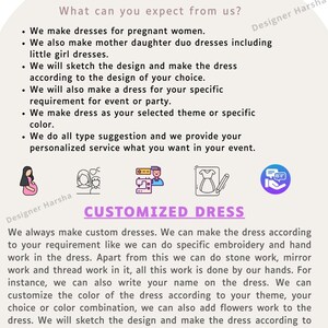 May include: A pink and purple graphic with the text "Your Personalized Shop" and "Customized Dress". The graphic includes illustrations of a pregnant woman, a mother and child, a couple sewing, a dress, and a chat bubble.