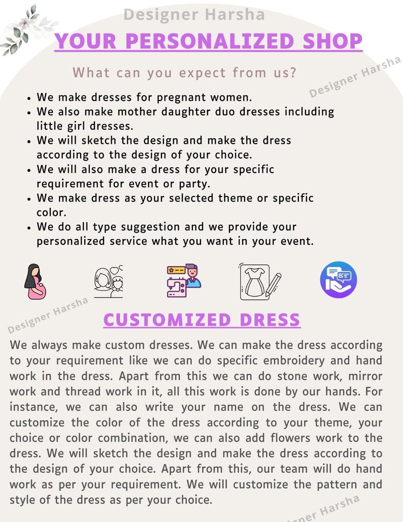 May include: A pink and purple graphic with the text "Your Personalized Shop" and "Customized Dress". The graphic includes illustrations of a pregnant woman, a mother and child, a couple sewing, a dress, and a chat bubble.