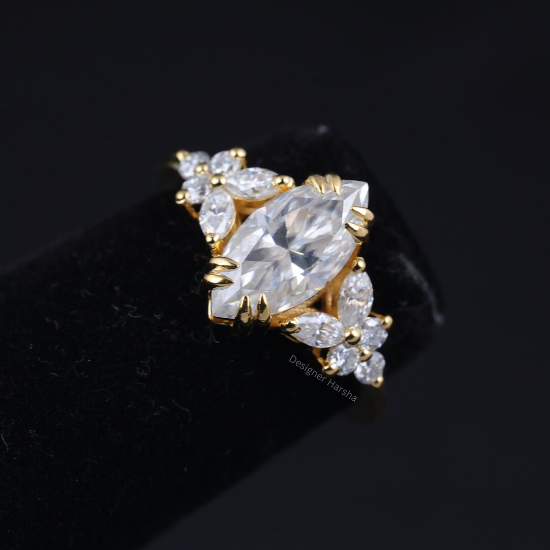 Marquise Cut Diamond Ring With Floral Detailing 14K Yellow Gold Ring - Etsy