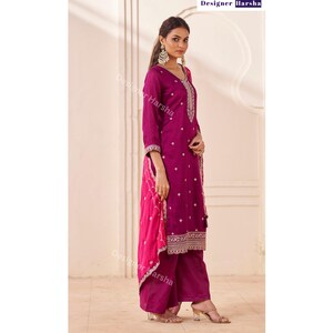 Embroidered Silk Georgette Salwar Kameez 3 piece Set, Purple Palazzo Kameez Suit image 3