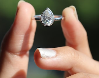 1ct Pear Shape Solitaire Bezel Ring, Moissanite Engagement Ring, Tear Drop Simulant Diamond Ring In 925 Starling Silver