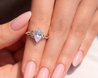 Pear Shaped Moissanite Cluster Engagement Ring, 14K Solid Gold Twisted Band Half Halo Setting