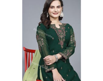 Traje Sharara verde de georgette bordado, atuendo de boda pakistaní, top corto con palazzo y dupatta.