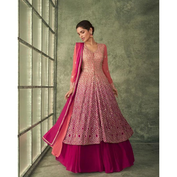 Lavanya Floral Printed Pink Anarkali Gown Suit Set – ASHEERA