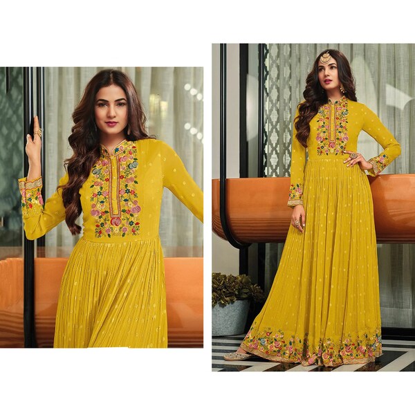 Glorious Yellow Color Designer Anarkali Gown Suit Pakistani Indian Wedding Party Wear Heavy Embroidery Handmade Worked Long Anarkali Dresses